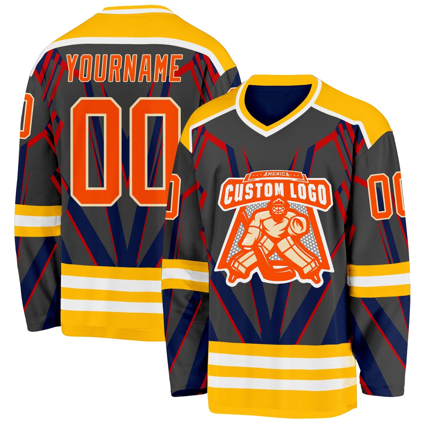 Custom Black Orange Gold Blue Cream-White 3D Pattern Cyber Mecha E-sport Hockey Jersey view 2