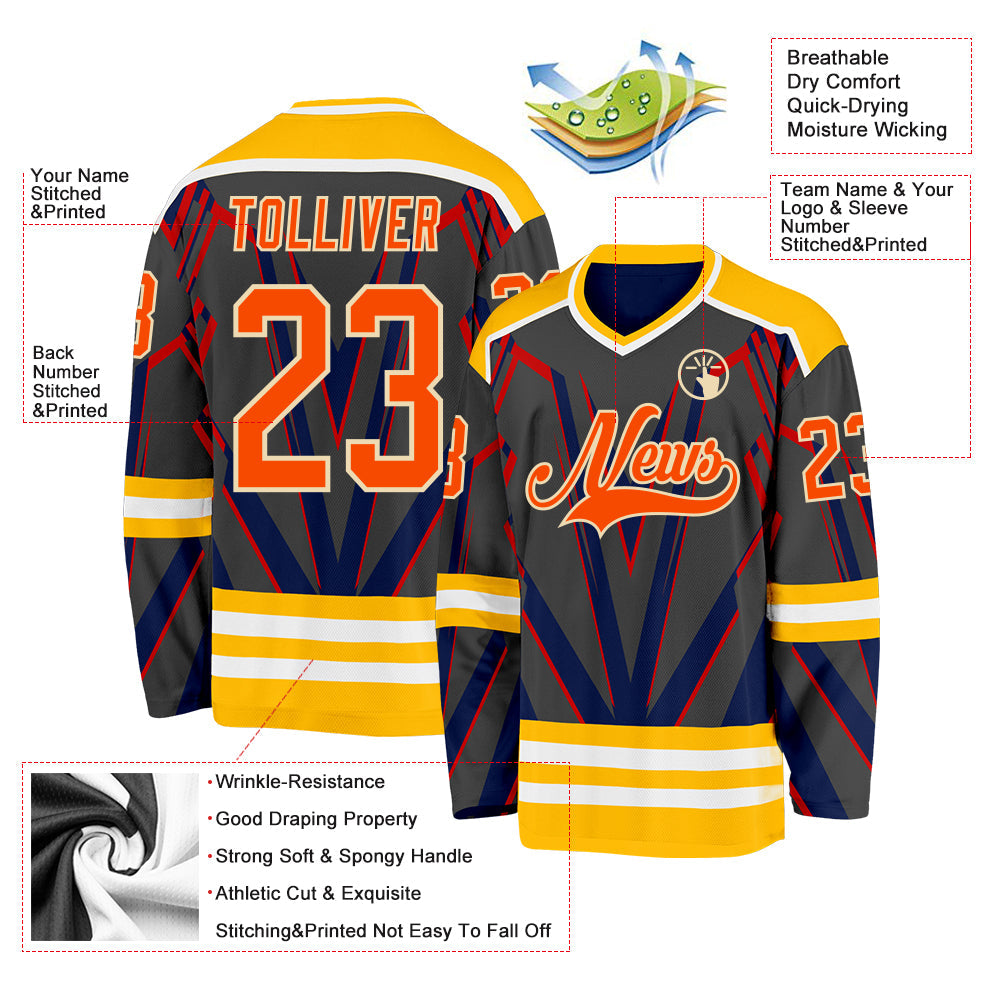 Custom Black Orange Gold Blue Cream-White 3D Pattern Cyber Mecha E-sport Hockey Jersey view 3