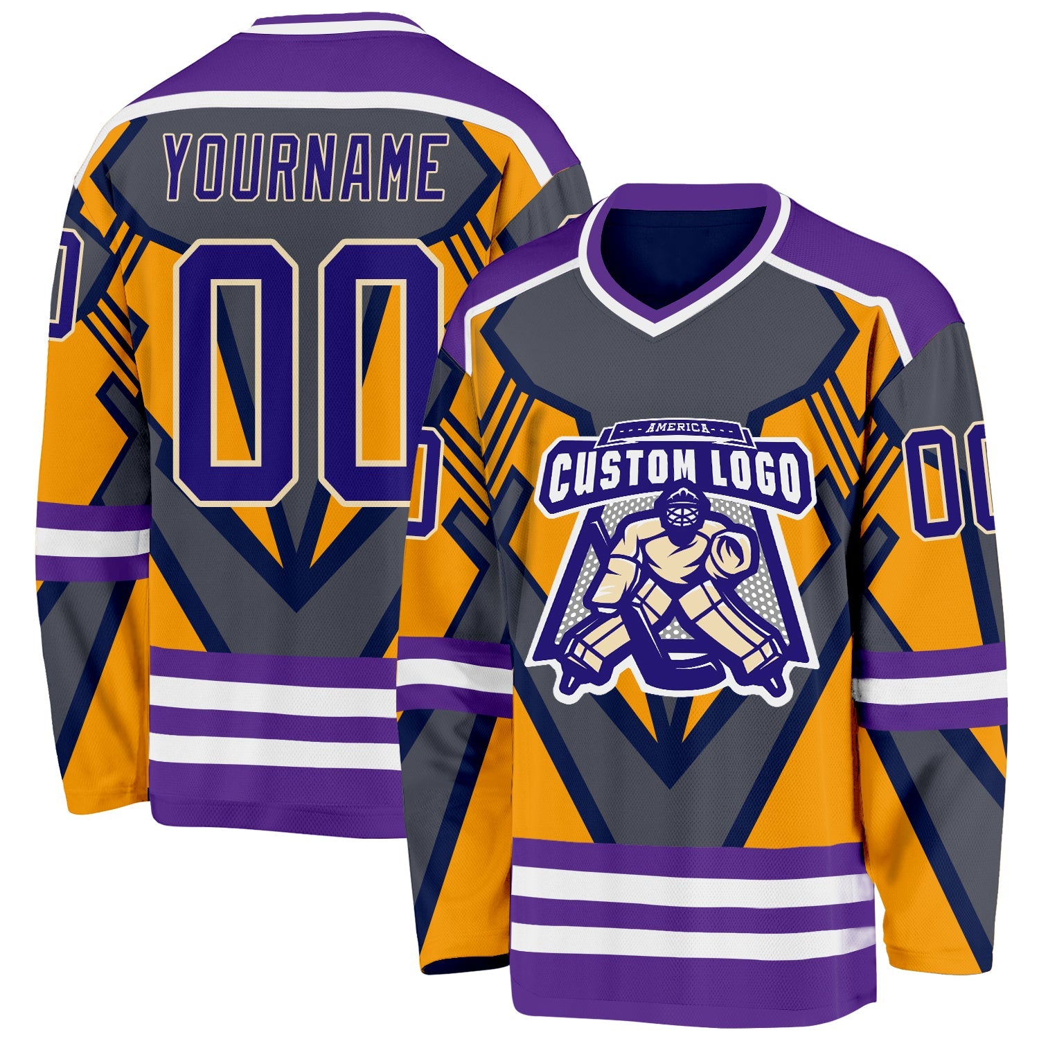 Custom Gray Dark Purple Yellow Cream-White 3D Pattern Cyber Mecha E-sport Hockey Jersey view 2