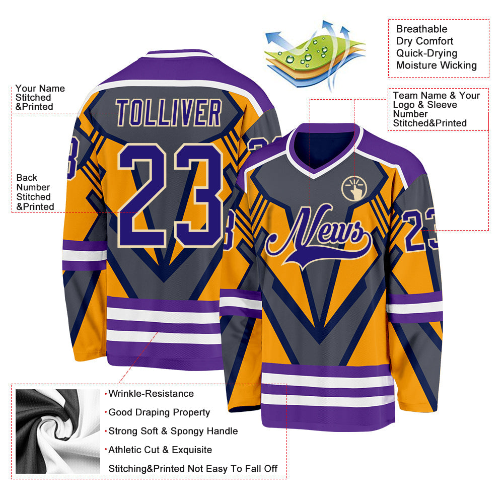 Custom Gray Dark Purple Yellow Cream-White 3D Pattern Cyber Mecha E-sport Hockey Jersey view 3