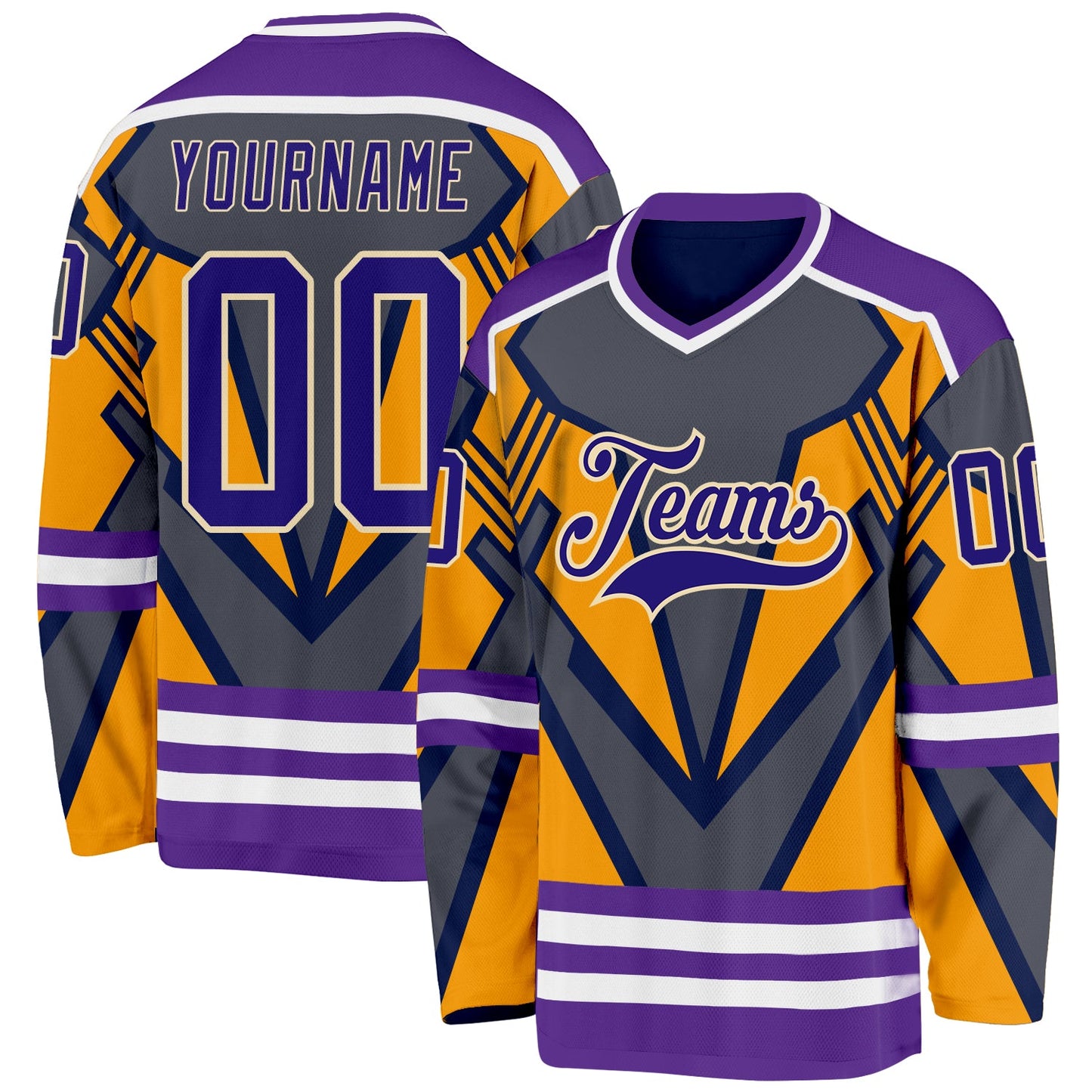 Custom Gray Dark Purple Yellow Cream-White 3D Pattern Cyber Mecha E-sport Hockey Jersey - Main View