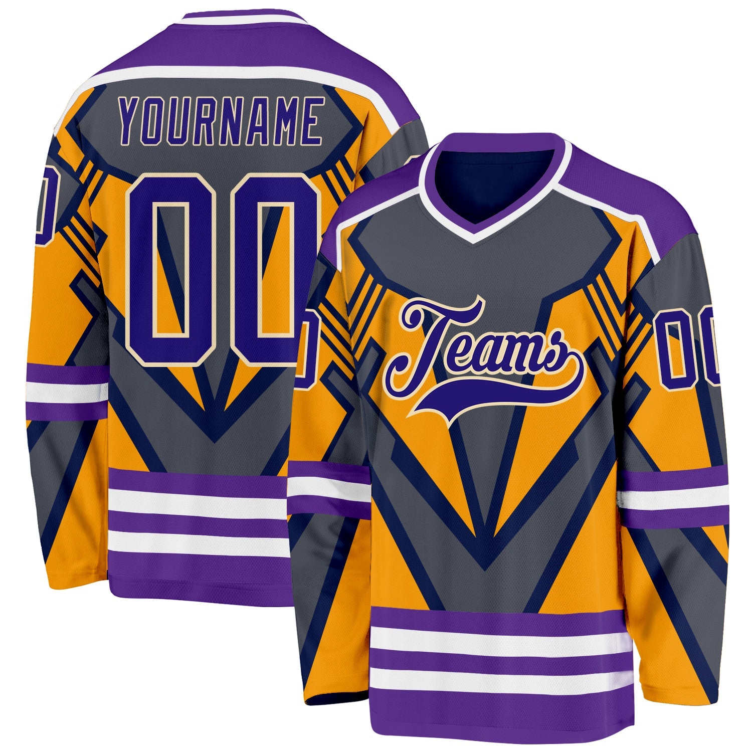 Custom Gray Dark Purple Yellow Cream-White 3D Pattern Cyber Mecha E-sport Hockey Jersey - Main View