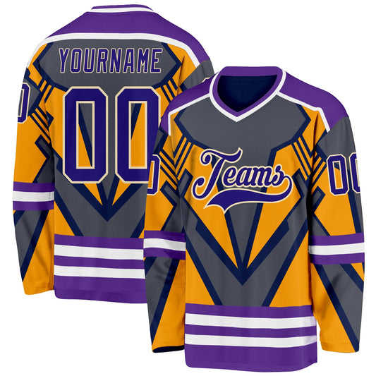 Custom Gray Dark Purple Yellow Cream-White 3D Pattern Cyber Mecha E-sport Hockey Jersey - Main View