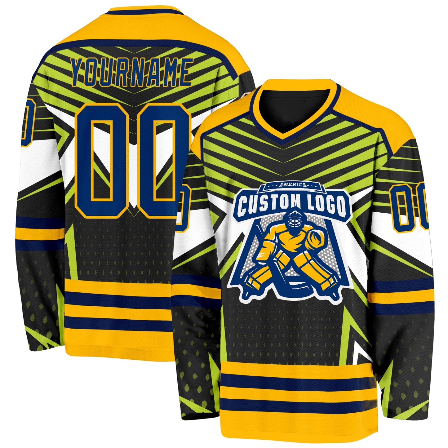 Custom Black US Navy Blue Green Navy Gold-White 3D Pattern Cyber Mecha E-sport Hockey Jersey view 2