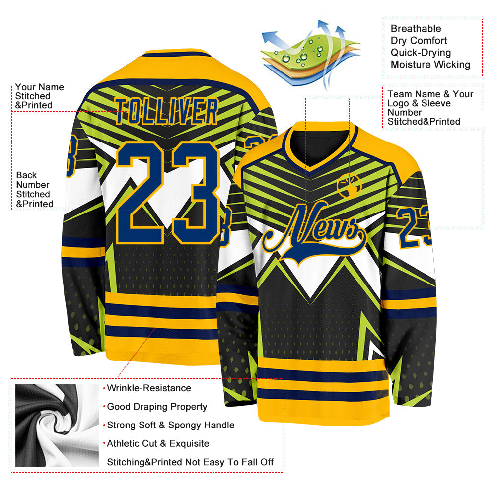 Custom Black US Navy Blue Green Navy Gold-White 3D Pattern Cyber Mecha E-sport Hockey Jersey view 3
