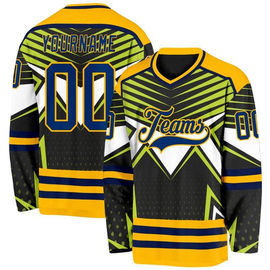 Custom Black US Navy Blue Green Navy Gold-White 3D Pattern Cyber Mecha E-sport Hockey Jersey - Main View