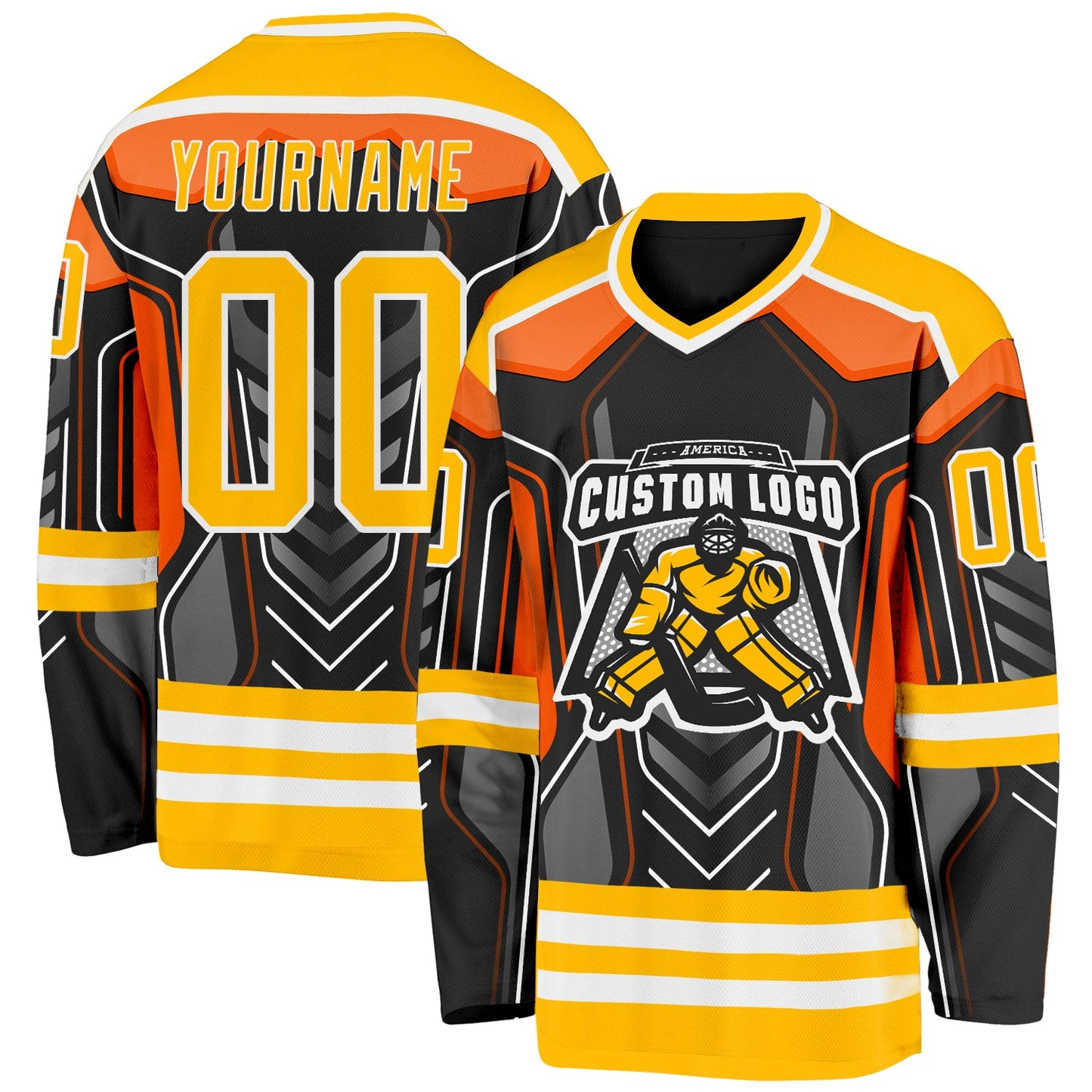 Custom Black Gold Gray Orange-White 3D Pattern Cyber Mecha E-sport Hockey Jersey view 2