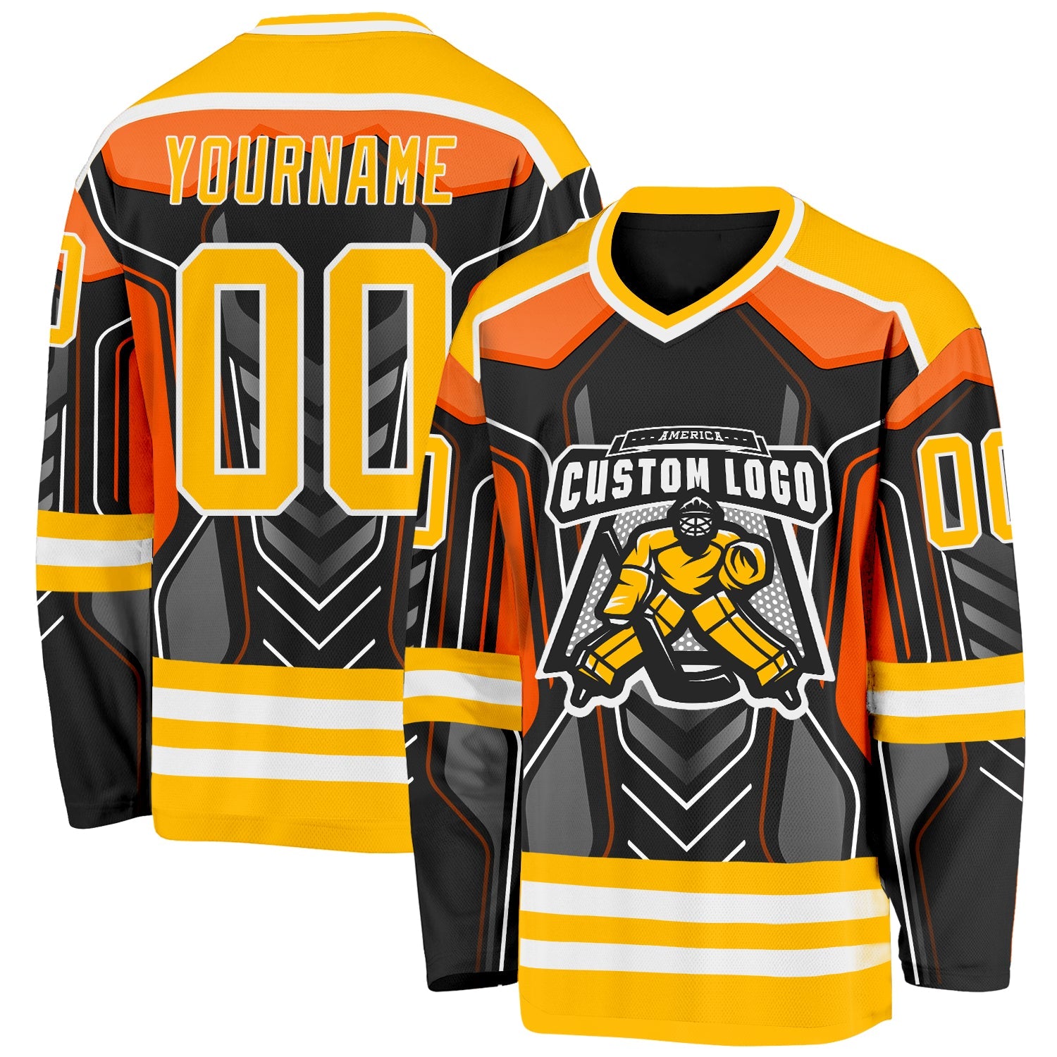 Custom Black Gold Gray Orange-White 3D Pattern Cyber Mecha E-sport Hockey Jersey view 2
