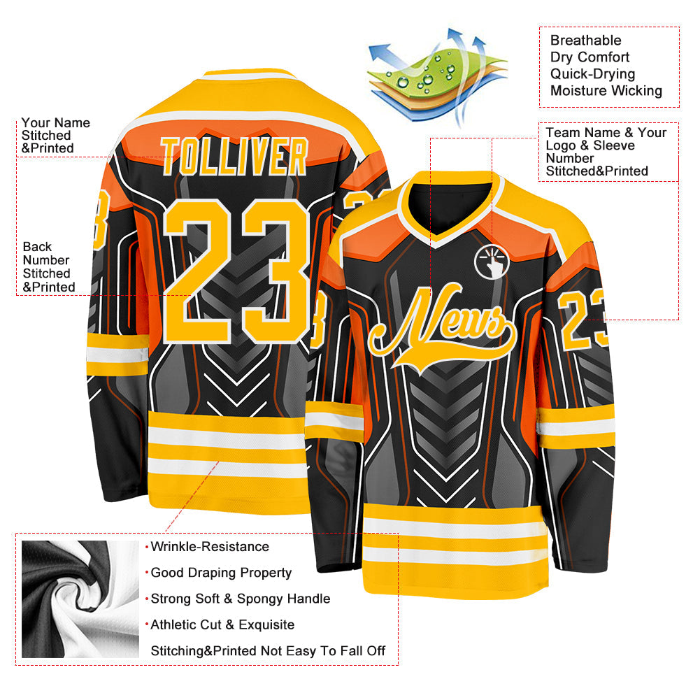 Custom Black Gold Gray Orange-White 3D Pattern Cyber Mecha E-sport Hockey Jersey view 3