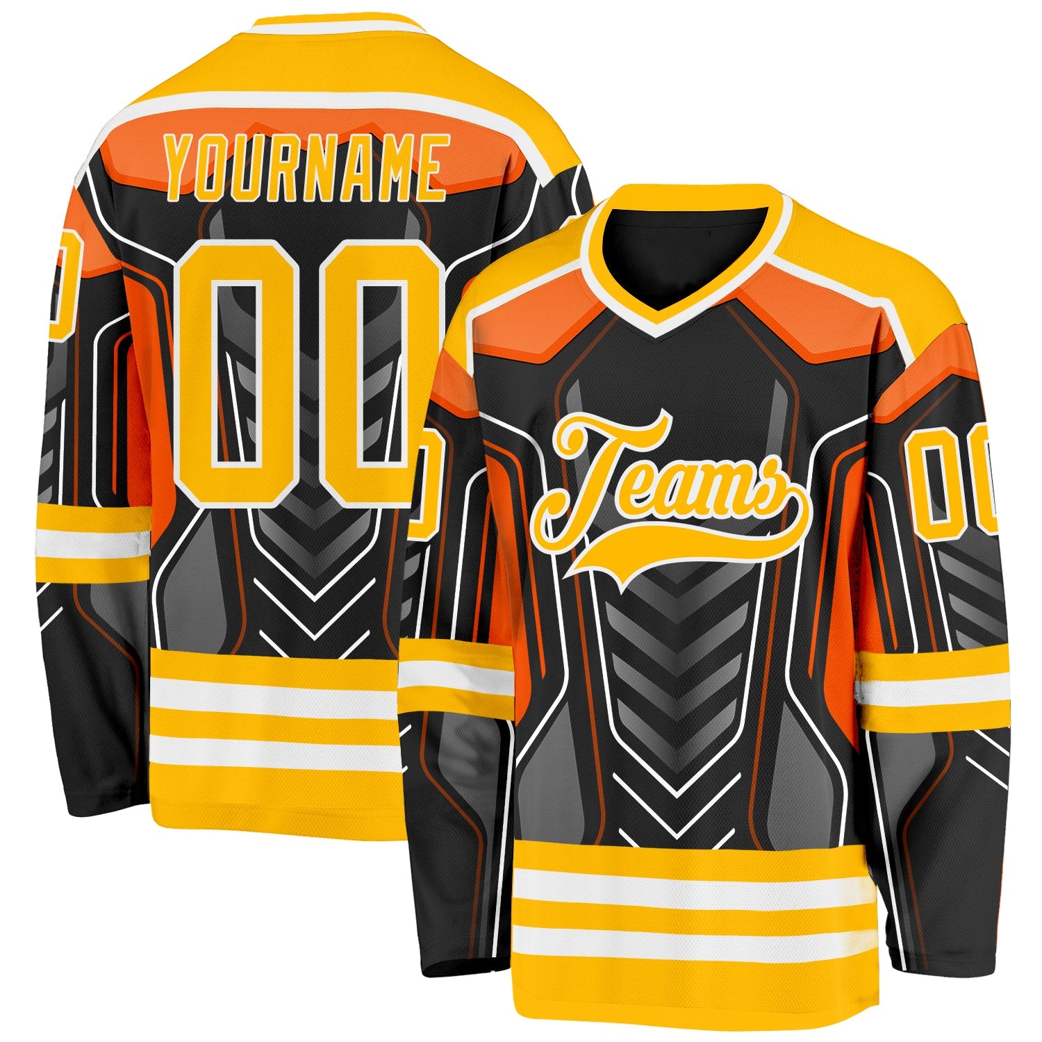 Custom Black Gold Gray Orange-White 3D Pattern Cyber Mecha E-sport Hockey Jersey - Main View