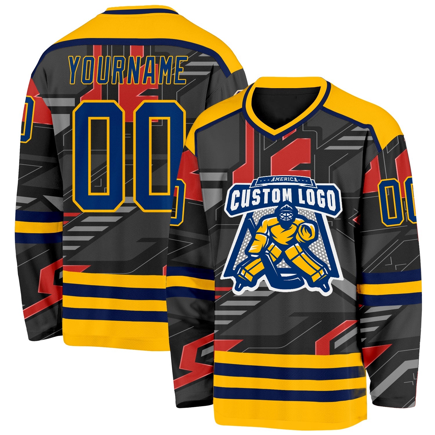 Custom Black US Navy Blue Gray Orange-Gold 3D Pattern Cyber Mecha E-sport Hockey Jersey view 2