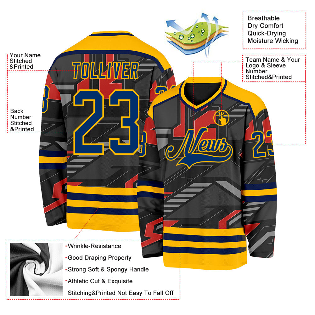 Custom Black US Navy Blue Gray Orange-Gold 3D Pattern Cyber Mecha E-sport Hockey Jersey view 3