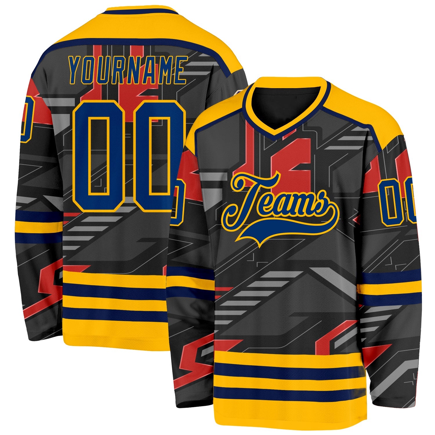 Custom Black US Navy Blue Gray Orange-Gold 3D Pattern Cyber Mecha E-sport Hockey Jersey - Main View
