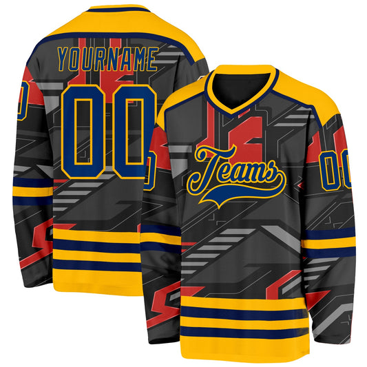 Custom Black US Navy Blue Gray Orange-Gold 3D Pattern Cyber Mecha E-sport Hockey Jersey - Main View