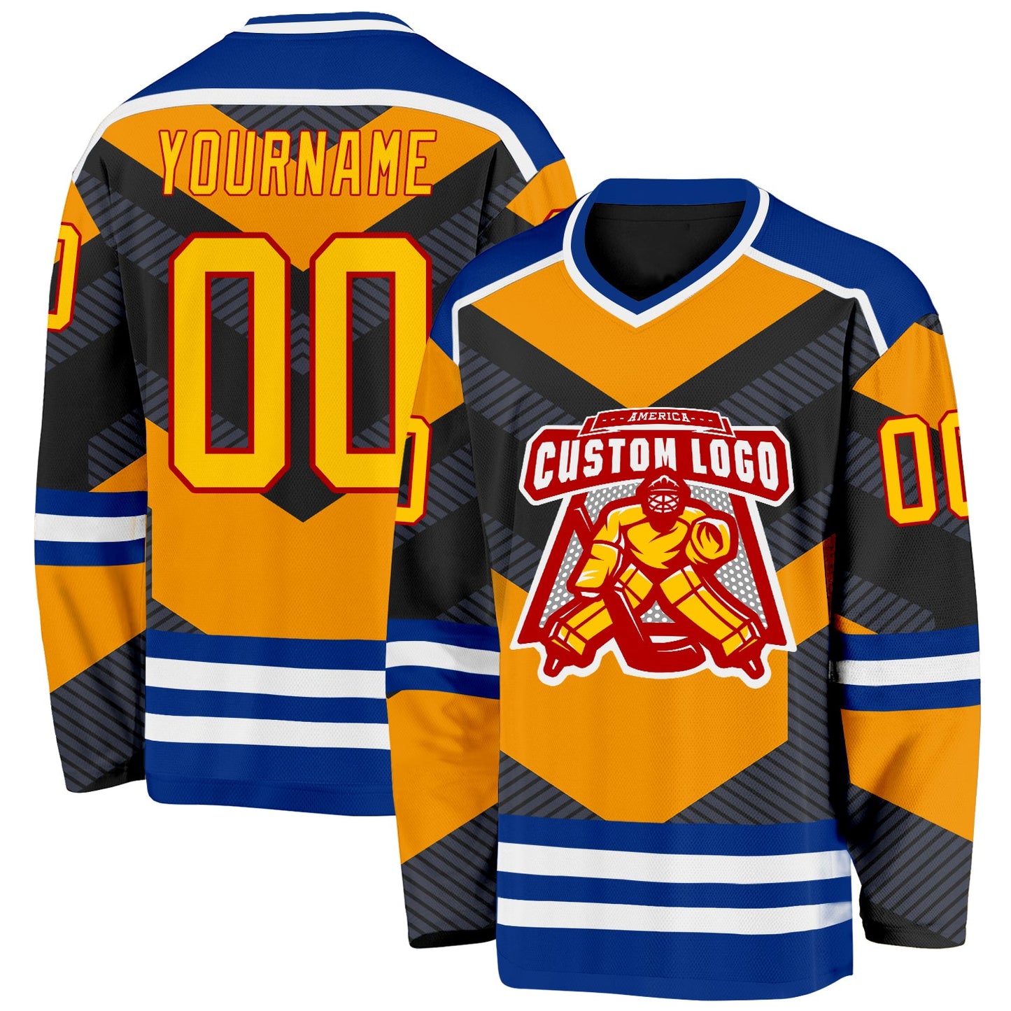 Custom Black Yellow Gray Royal Red-White 3D Pattern Cyber Mecha E-sport Hockey Jersey view 2