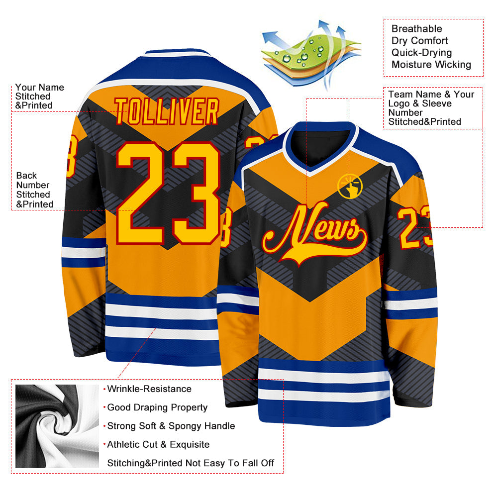 Custom Black Yellow Gray Royal Red-White 3D Pattern Cyber Mecha E-sport Hockey Jersey view 3