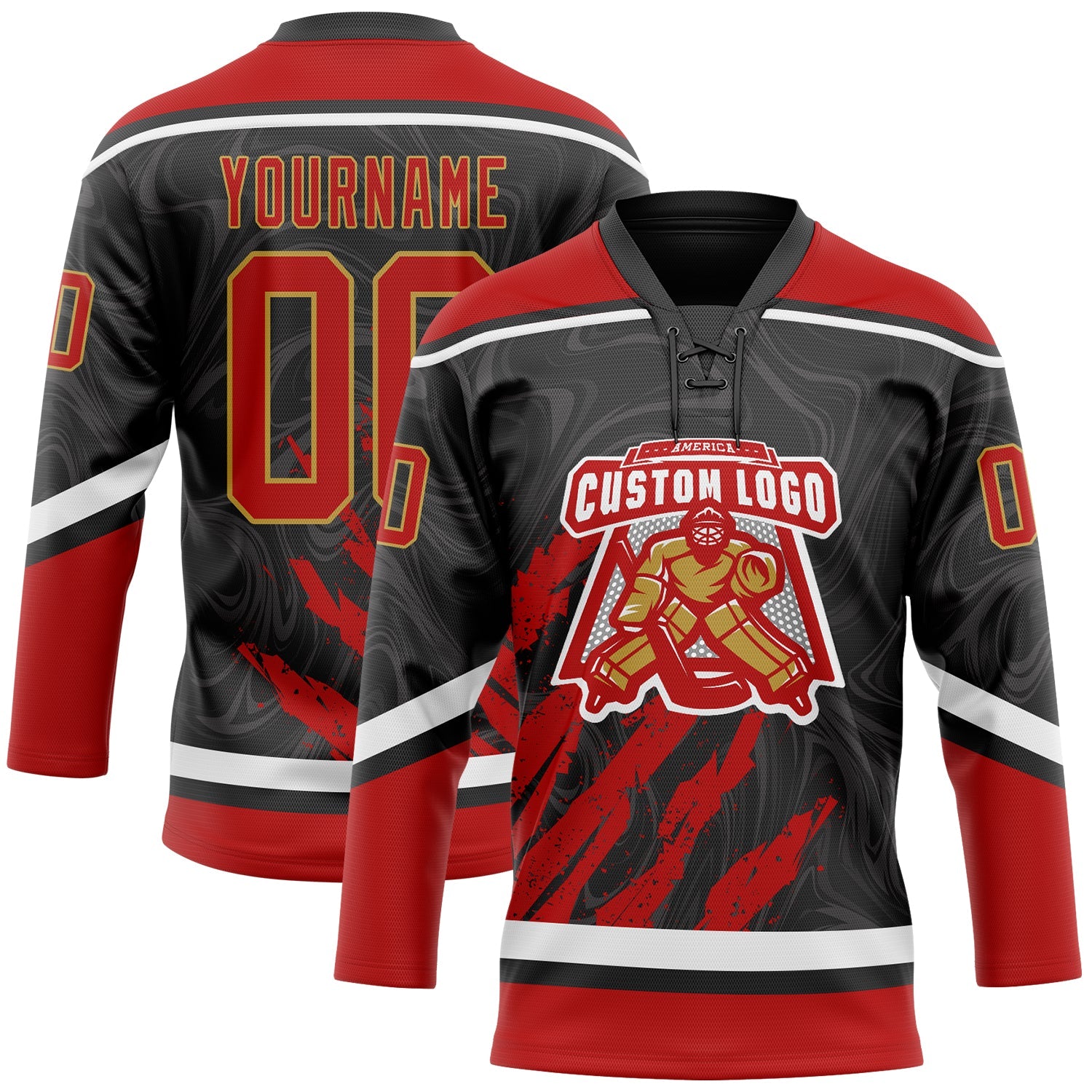 Custom Black Red Old Gold-White 3D Splash Art Hockey Lace Neck Jersey view 2