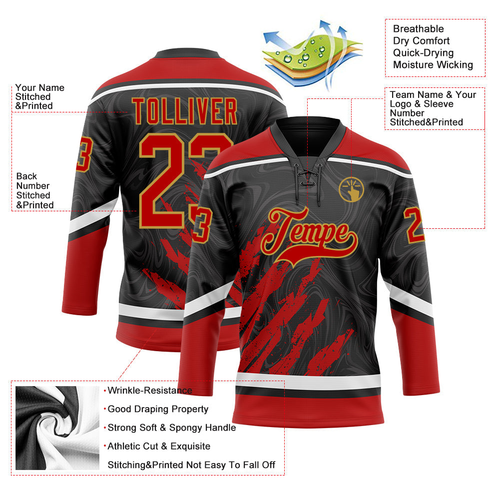 Custom Black Red Old Gold-White 3D Splash Art Hockey Lace Neck Jersey view 5