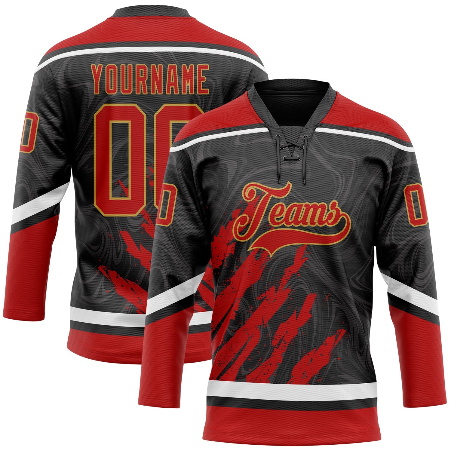 Custom Black Red Old Gold-White 3D Splash Art Hockey Lace Neck Jersey - Main View