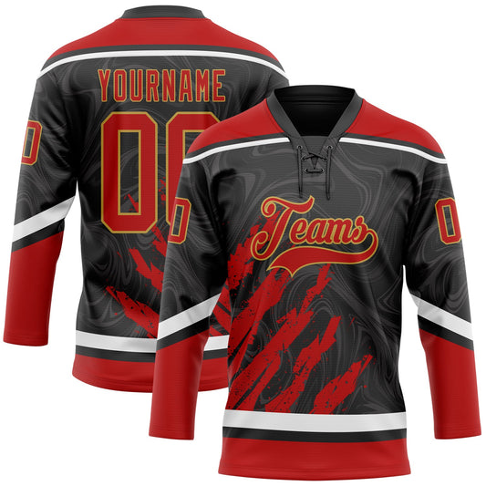 Custom Black Red Old Gold-White 3D Splash Art Hockey Lace Neck Jersey - Main View