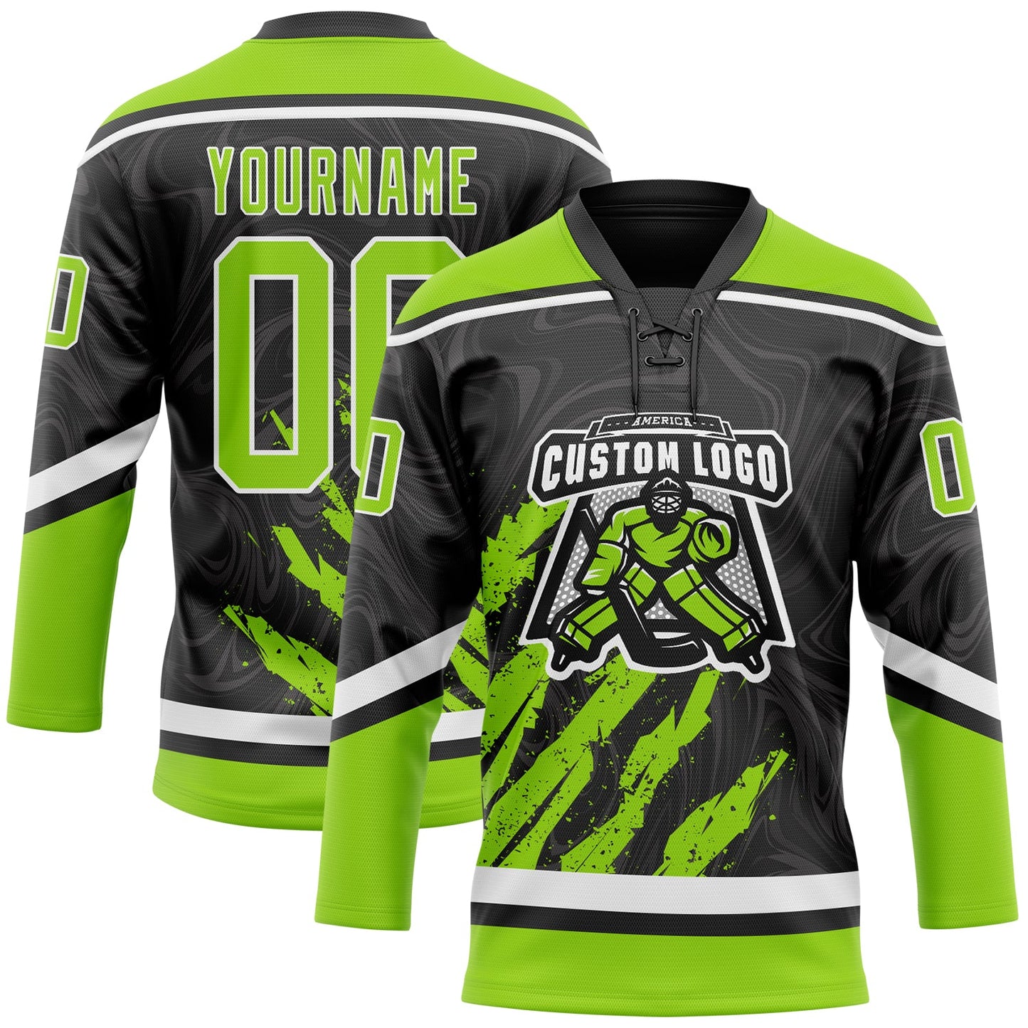 Custom Black Neon Green-White 3D Splash Art Hockey Lace Neck Jersey view 2