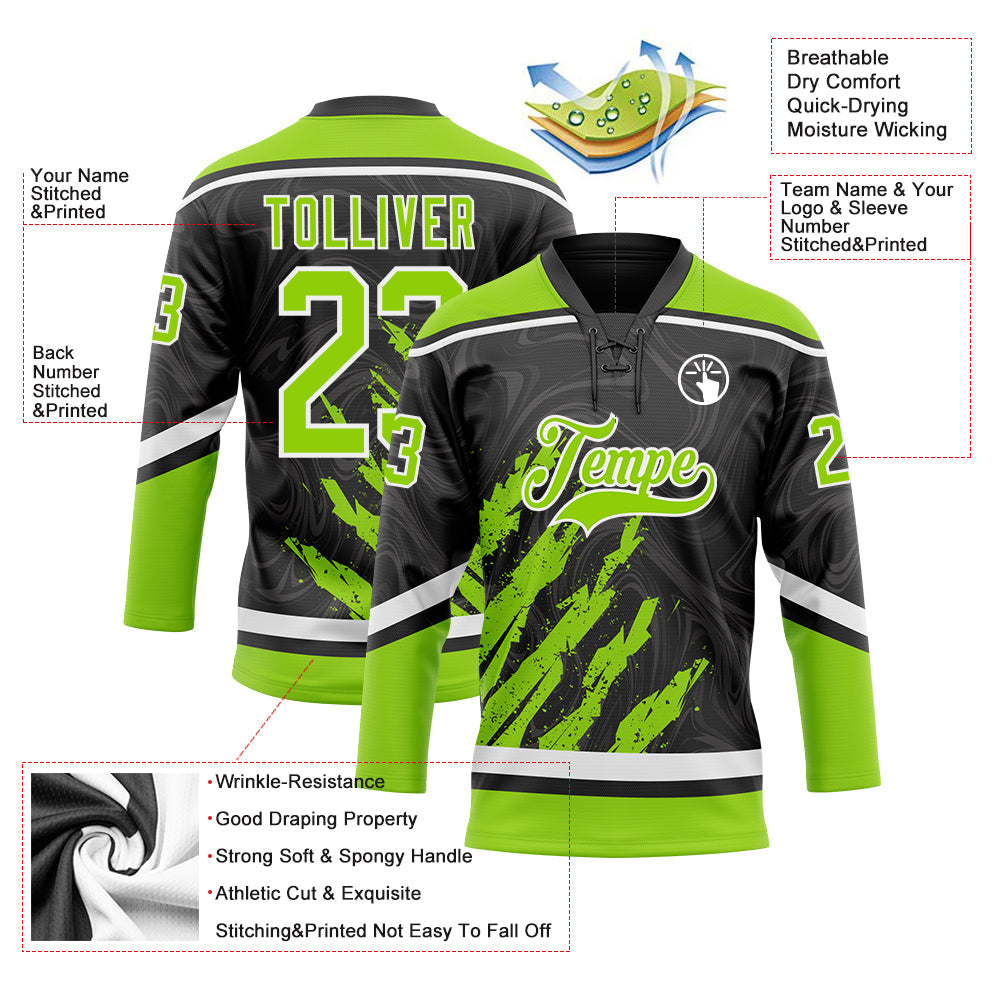 Custom Black Neon Green-White 3D Splash Art Hockey Lace Neck Jersey view 5