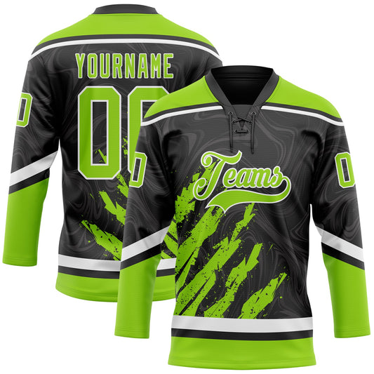 Custom Black Neon Green-White 3D Splash Art Hockey Lace Neck Jersey - Main View