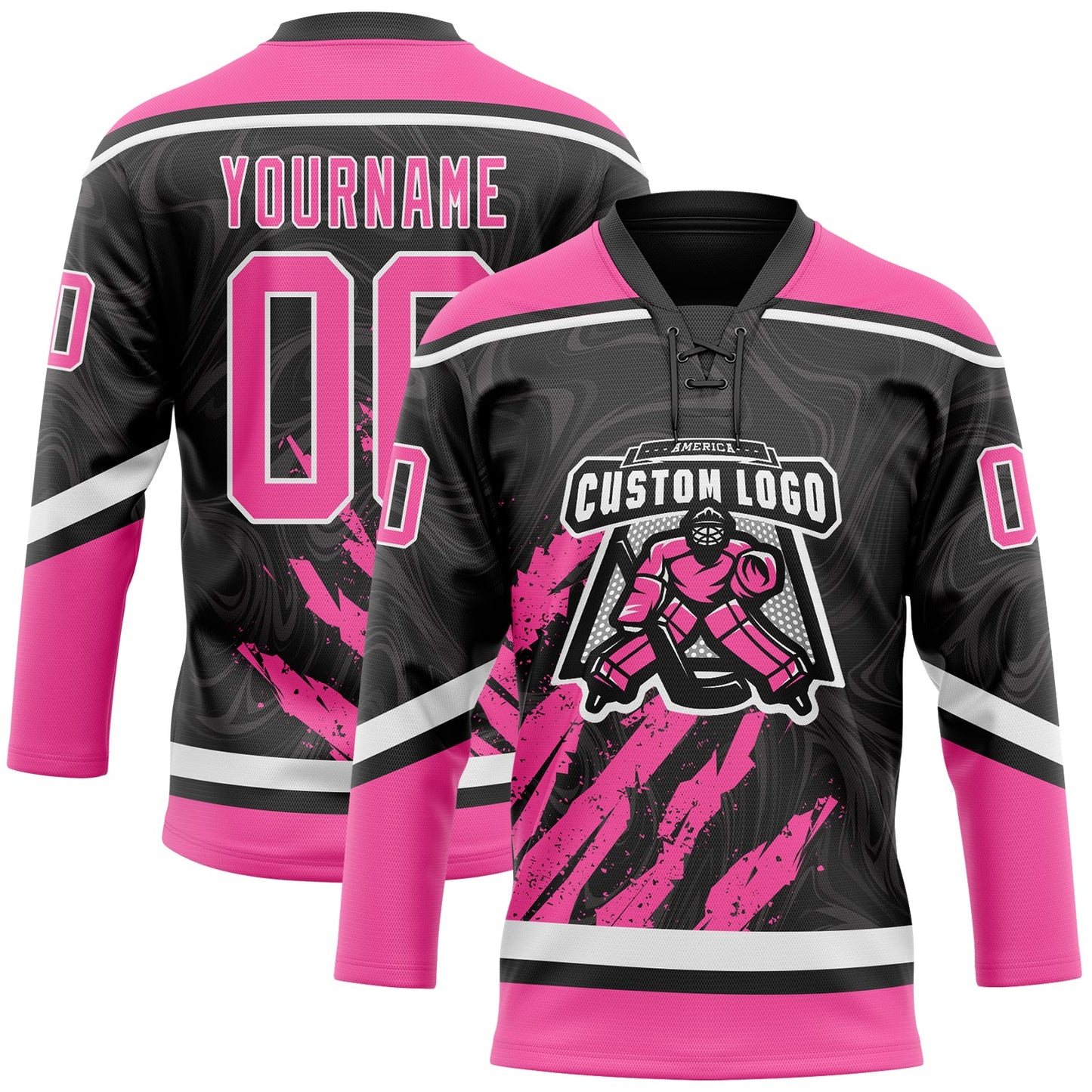 Custom Black Pink-White 3D Splash Art Hockey Lace Neck Jersey view 2