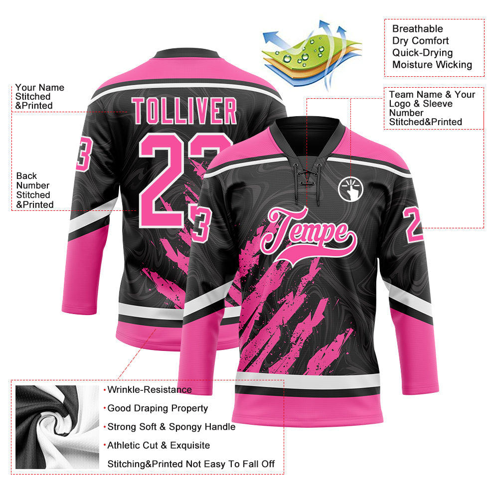 Custom Black Pink-White 3D Splash Art Hockey Lace Neck Jersey view 5