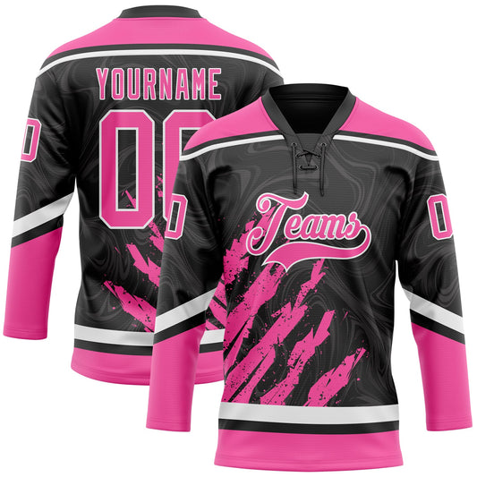 Custom Black Pink-White 3D Splash Art Hockey Lace Neck Jersey - Main View