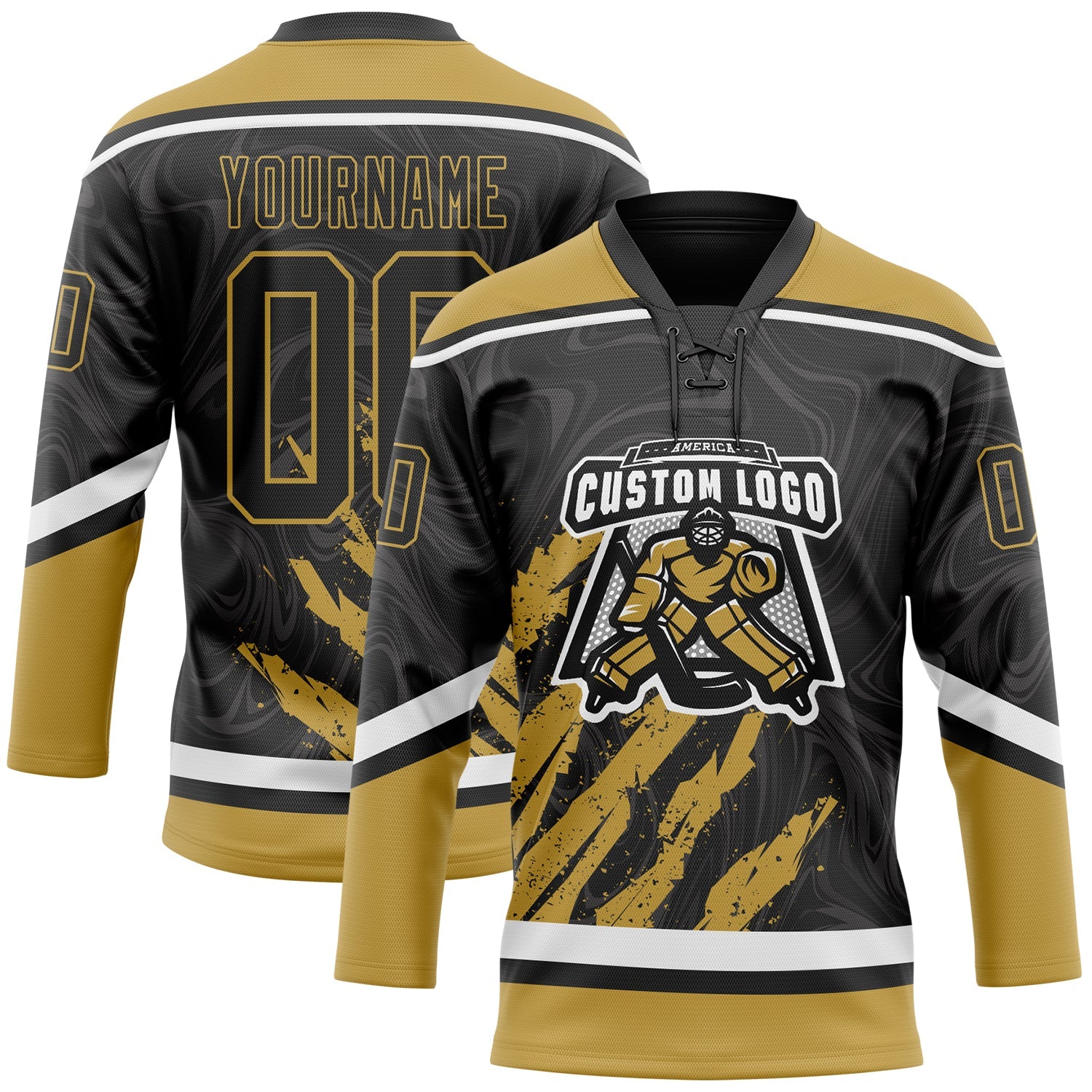 Custom Black Old Gold-White 3D Splash Art Hockey Lace Neck Jersey view 2