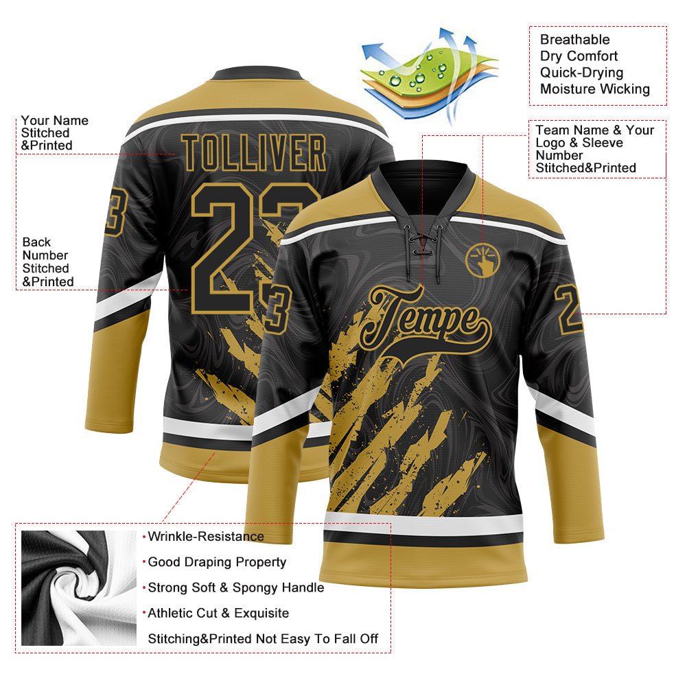 Custom Black Old Gold-White 3D Splash Art Hockey Lace Neck Jersey view 5