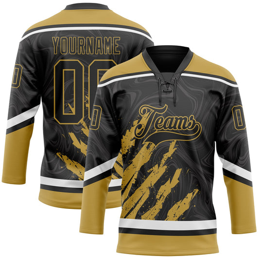 Custom Black Old Gold-White 3D Splash Art Hockey Lace Neck Jersey - Main View