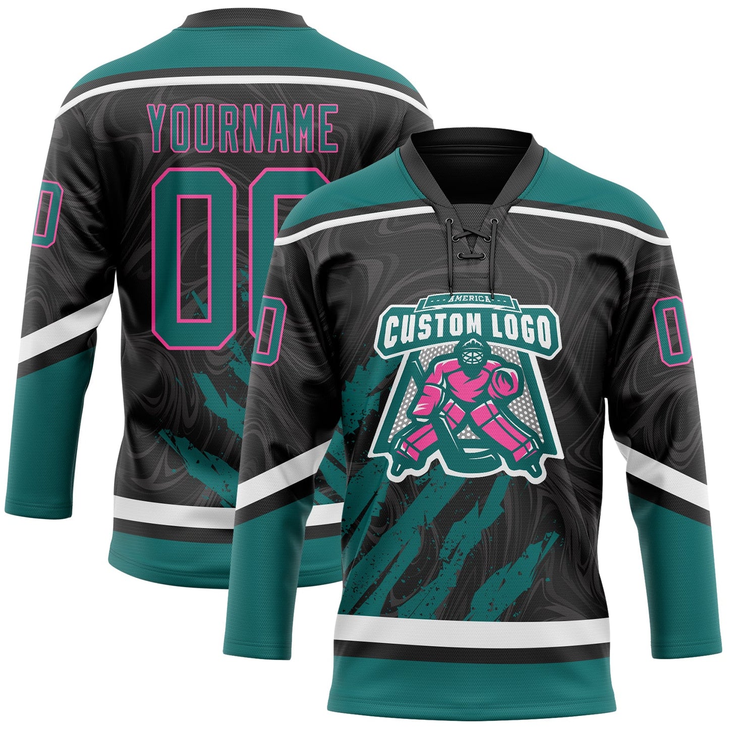 Custom Black Teal Pink-White 3D Splash Art Hockey Lace Neck Jersey view 2