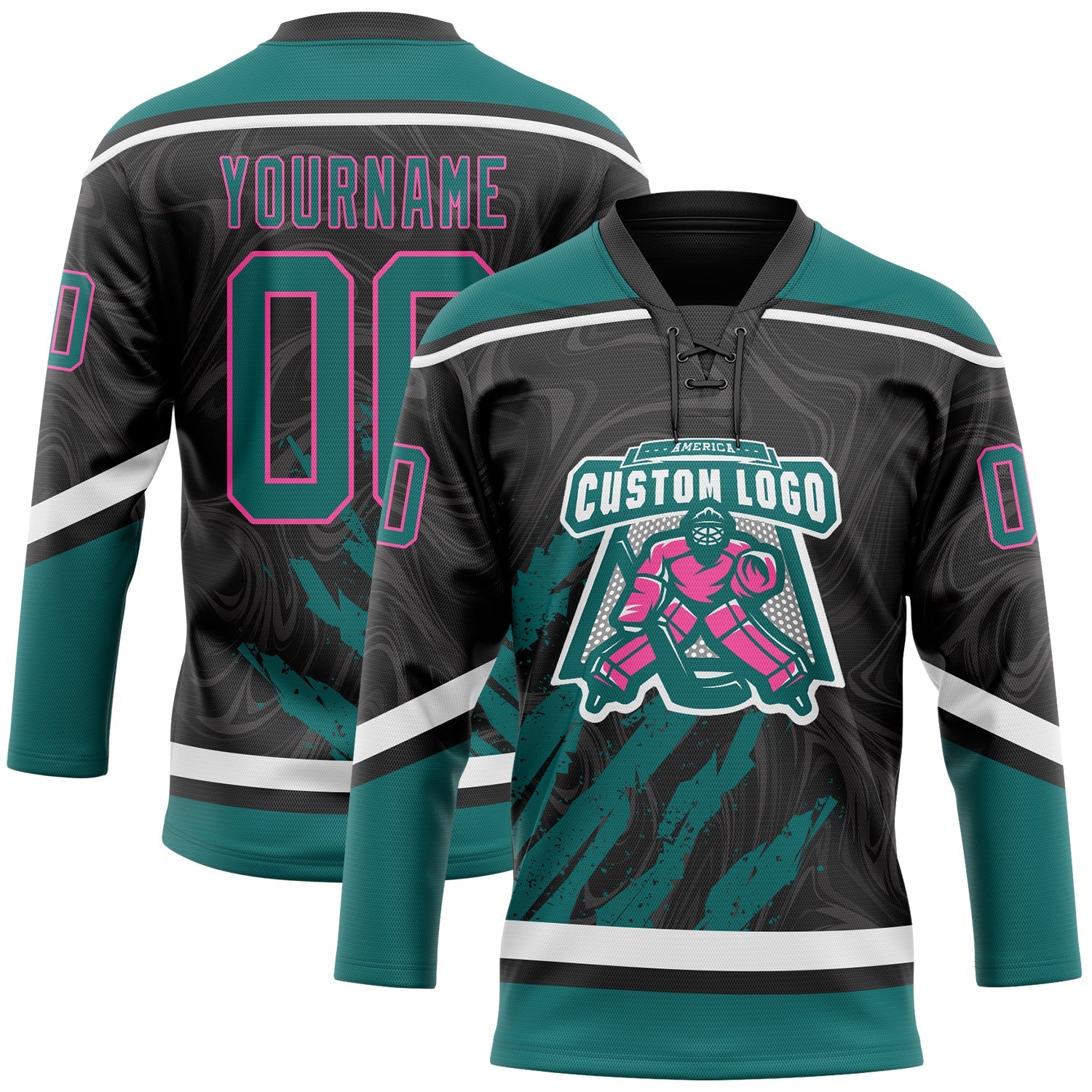 Custom Black Teal Pink-White 3D Splash Art Hockey Lace Neck Jersey view 2
