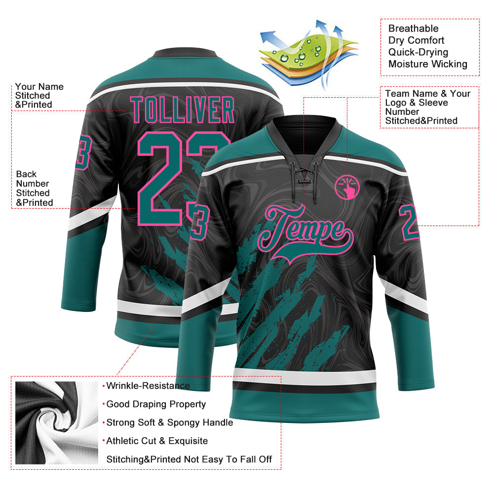 Custom Black Teal Pink-White 3D Splash Art Hockey Lace Neck Jersey view 5