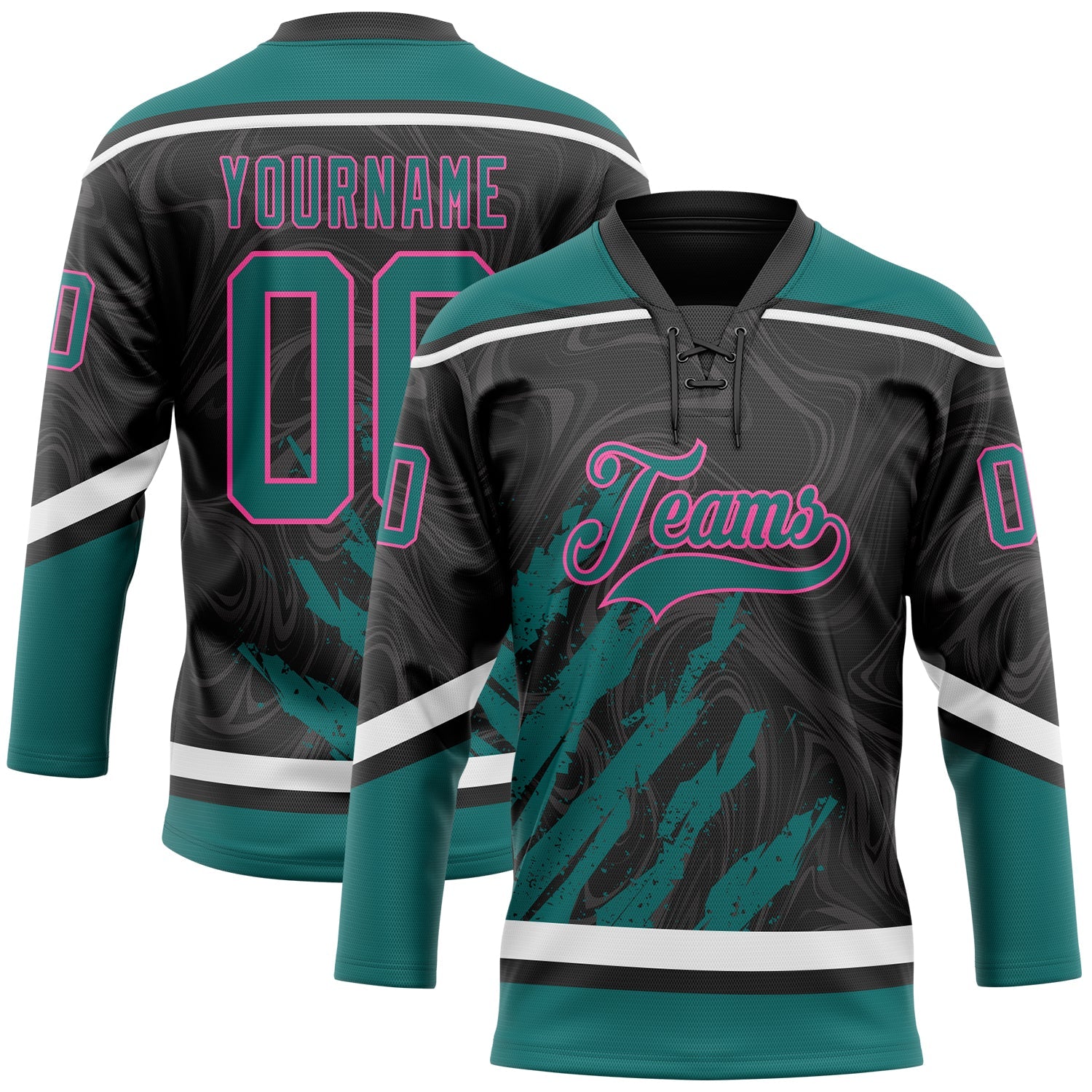 Custom Black Teal Pink-White 3D Splash Art Hockey Lace Neck Jersey - Main View