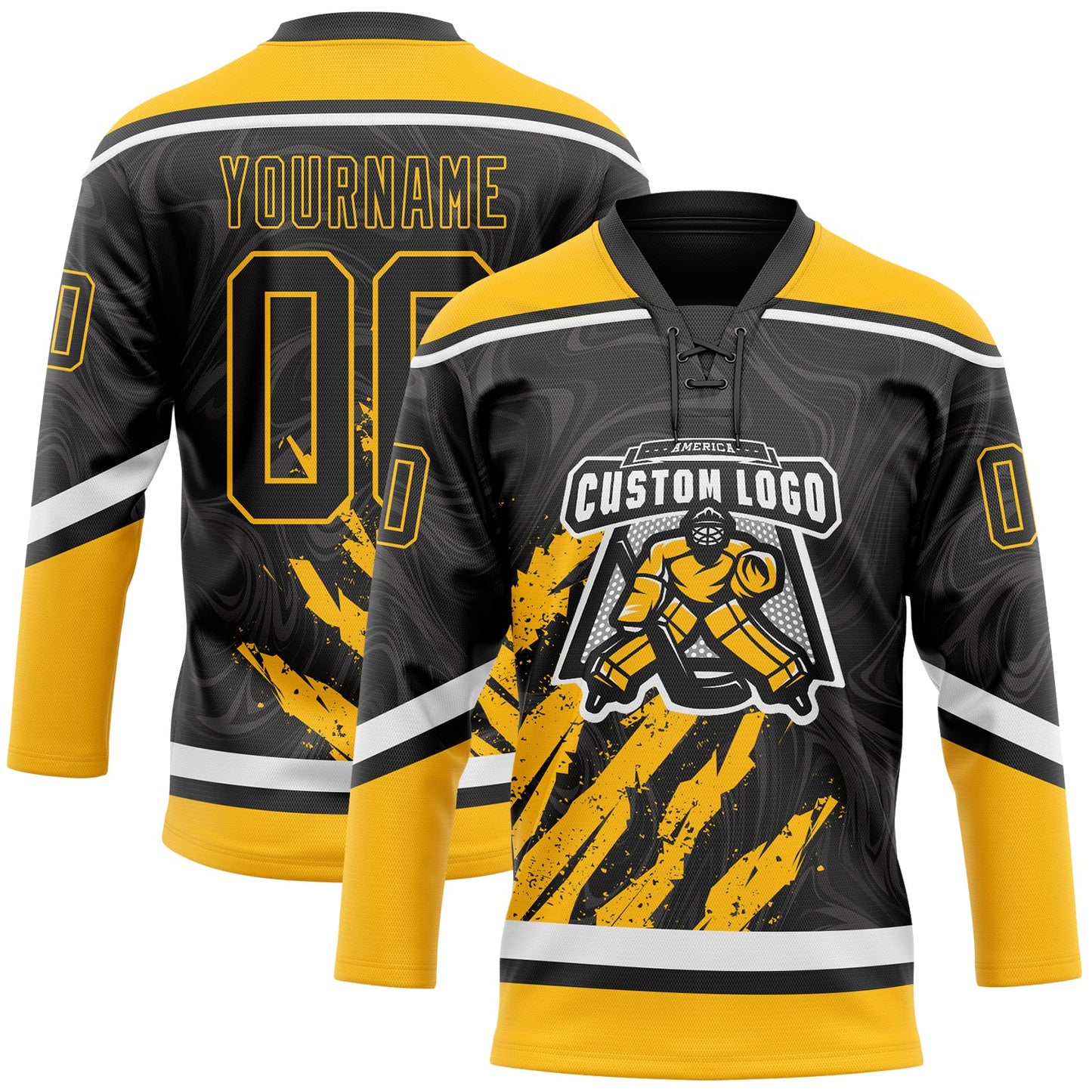 Custom Black Gold-White 3D Splash Art Hockey Lace Neck Jersey view 2