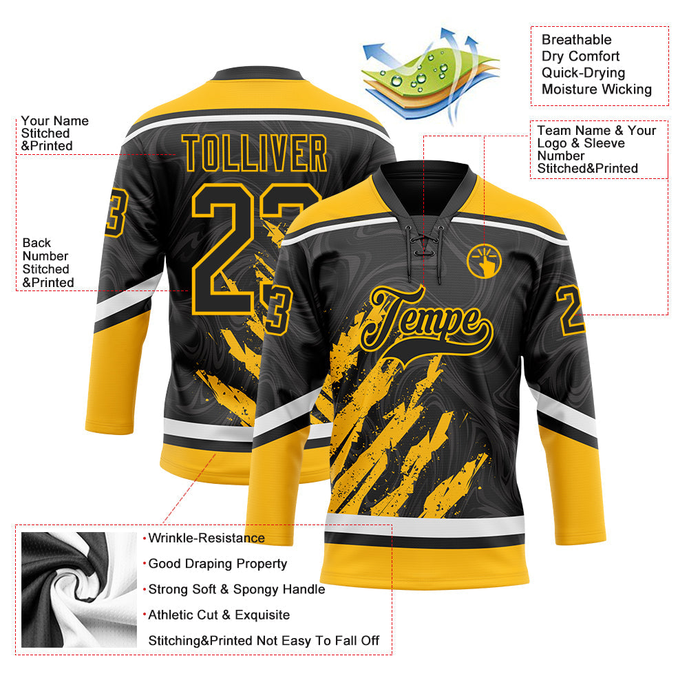 Custom Black Gold-White 3D Splash Art Hockey Lace Neck Jersey view 5