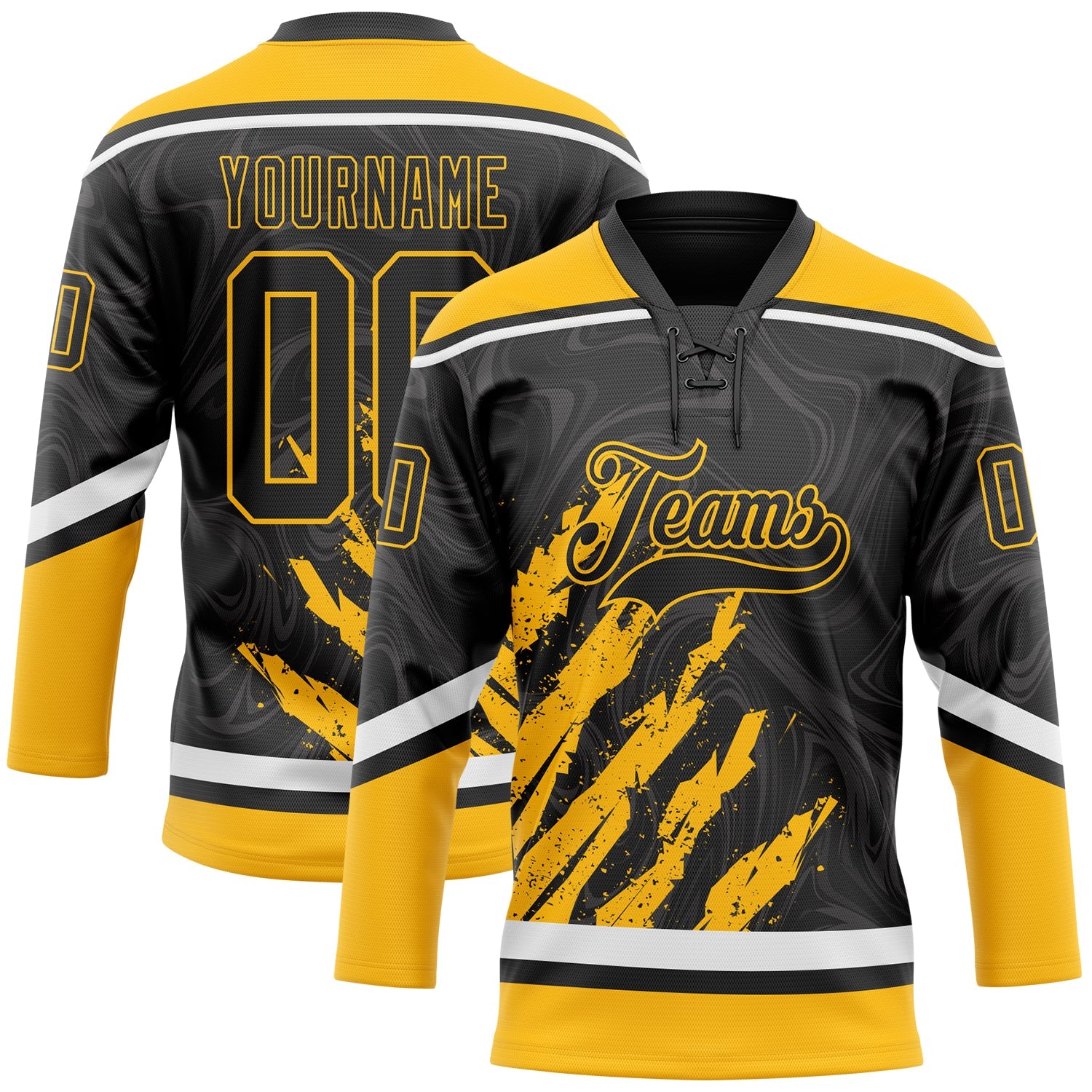 Custom Black Gold-White 3D Splash Art Hockey Lace Neck Jersey - Main View
