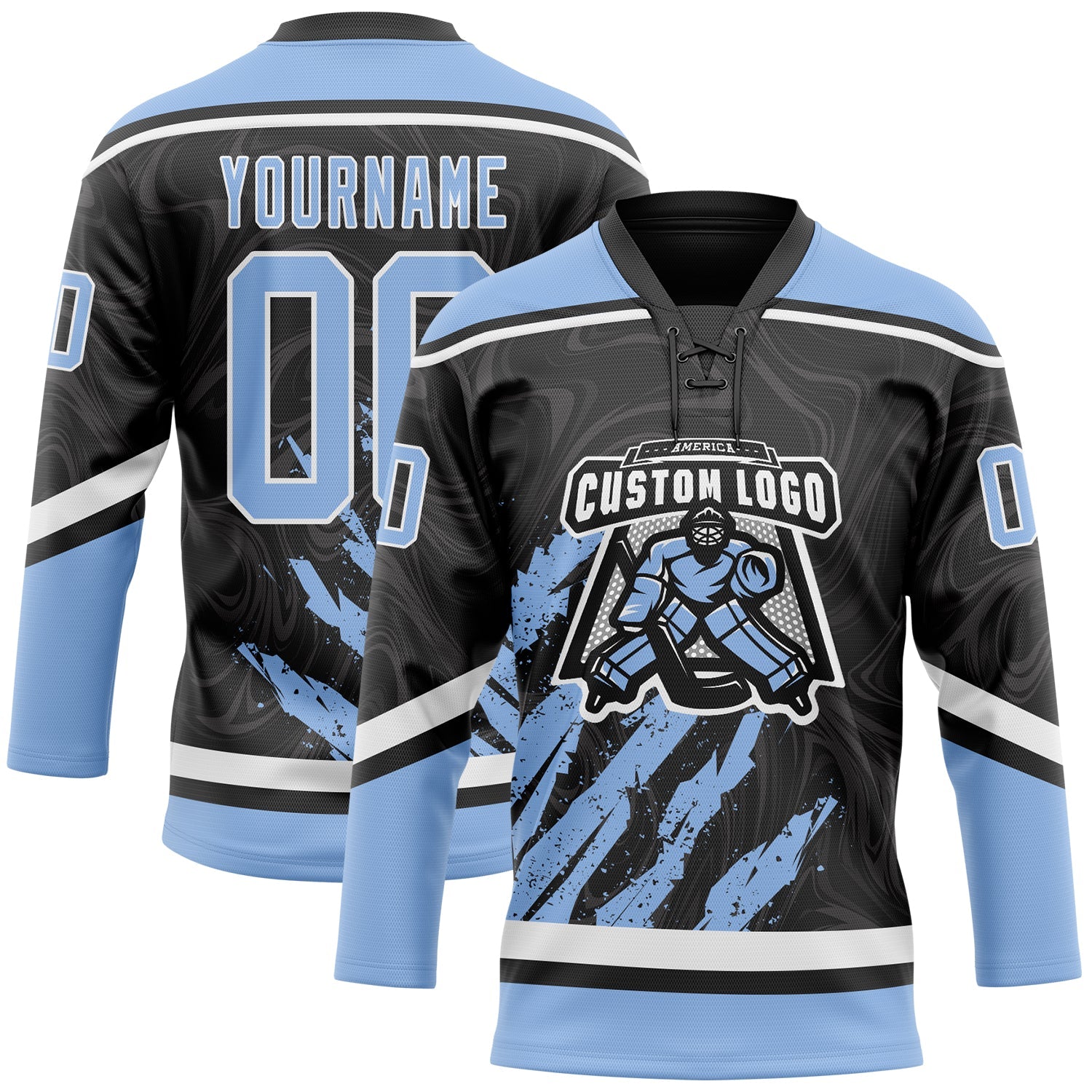 Custom Black Light Blue-White 3D Splash Art Hockey Lace Neck Jersey view 2