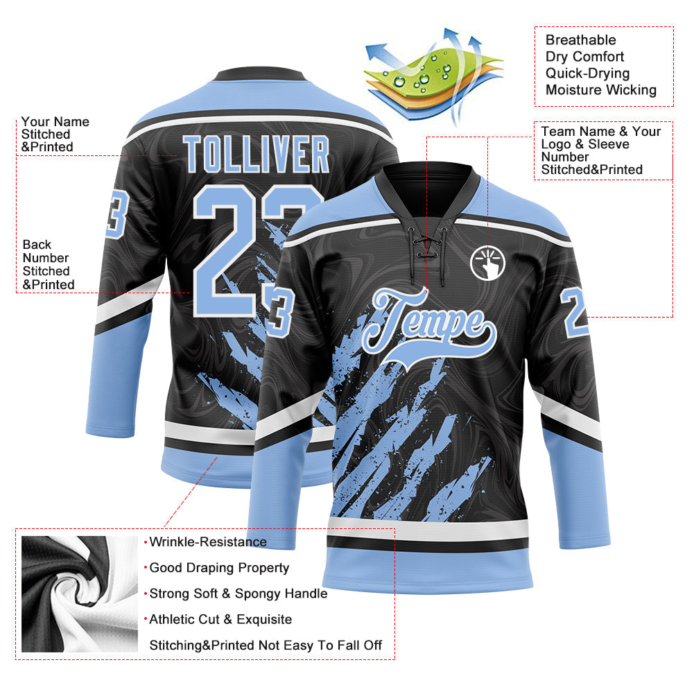 Custom Black Light Blue-White 3D Splash Art Hockey Lace Neck Jersey view 5