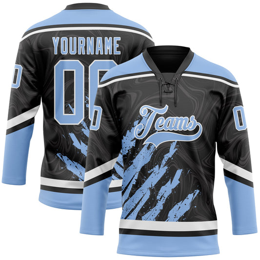 Custom Black Light Blue-White 3D Splash Art Hockey Lace Neck Jersey - Main View