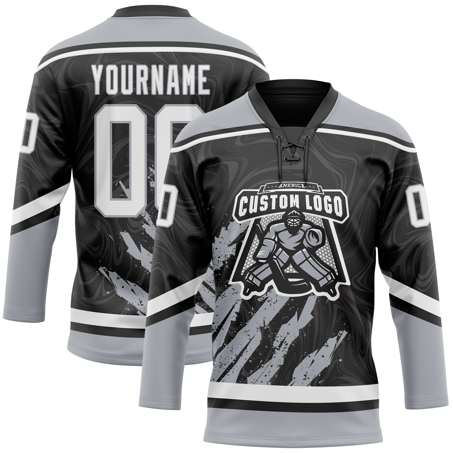 Custom Black White-Gray 3D Splash Art Hockey Lace Neck Jersey view 2