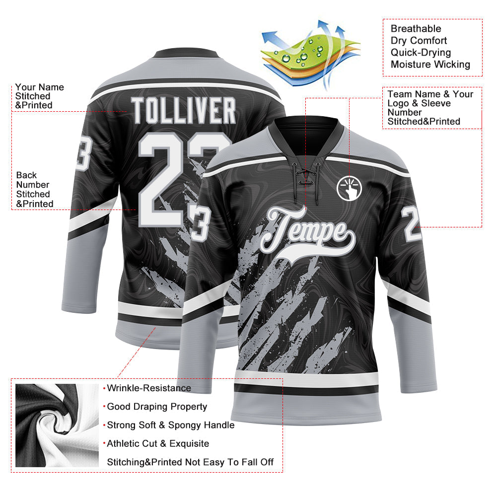 Custom Black White-Gray 3D Splash Art Hockey Lace Neck Jersey view 5