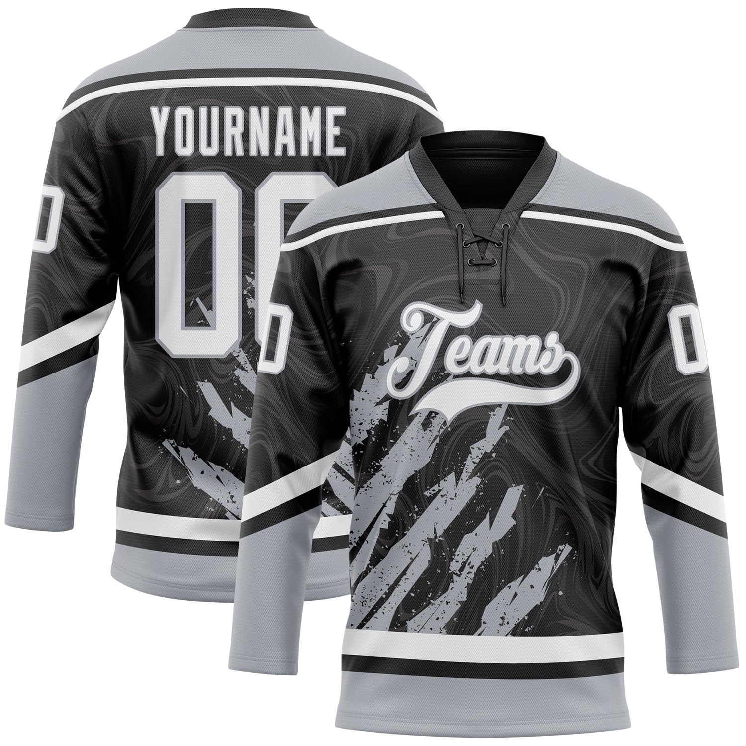 Custom Black White-Gray 3D Splash Art Hockey Lace Neck Jersey - Main View