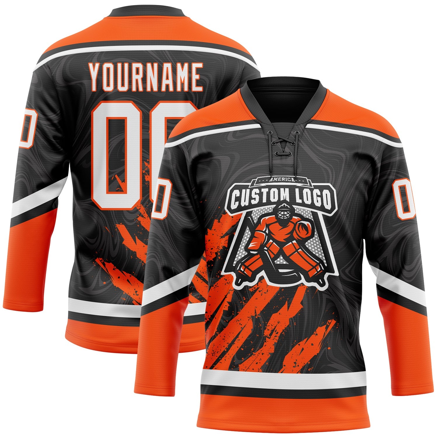 Custom Black White-Orange 3D Splash Art Hockey Lace Neck Jersey view 2