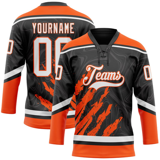 Custom Black White-Orange 3D Splash Art Hockey Lace Neck Jersey - Main View