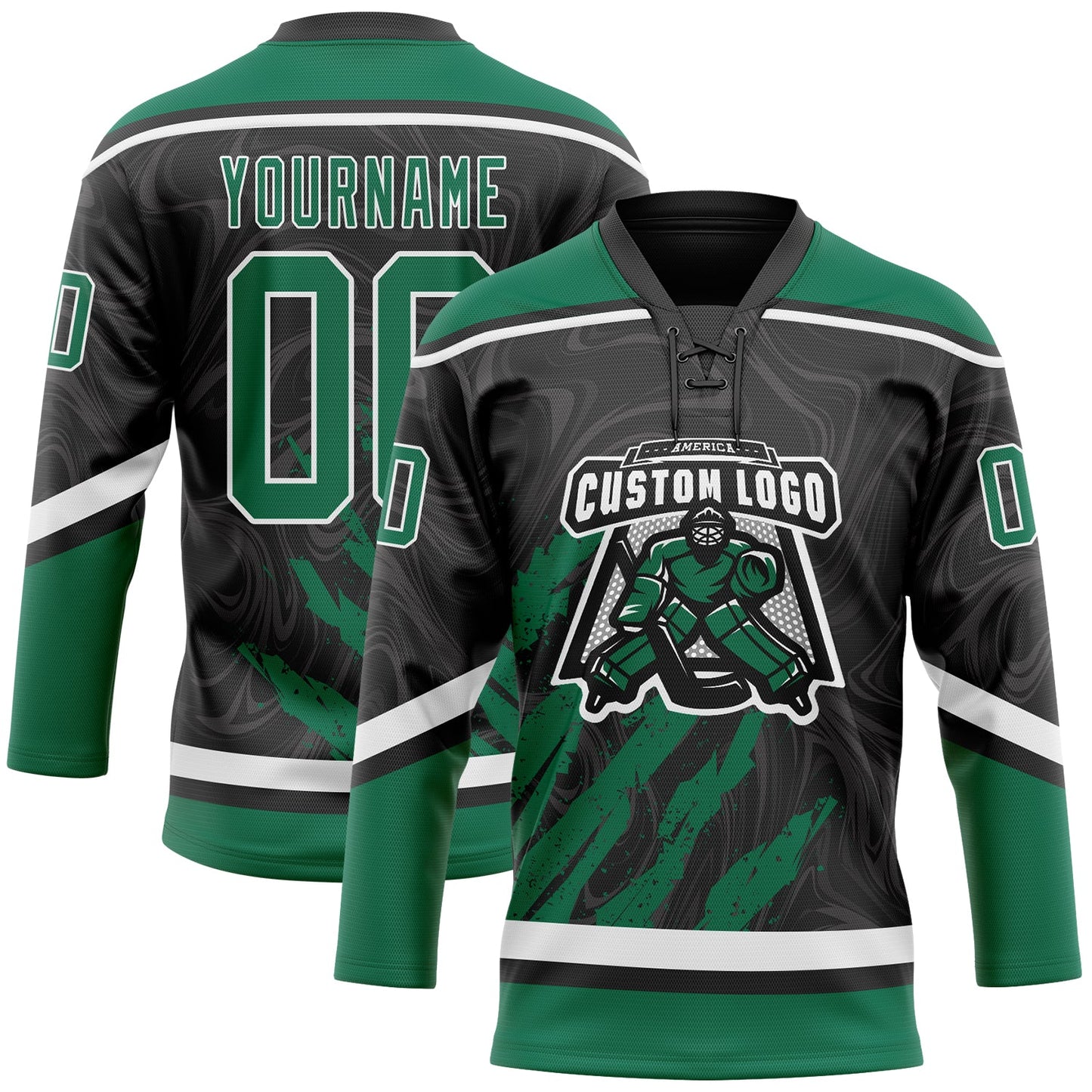 Custom Black Kelly Green-White 3D Splash Art Hockey Lace Neck Jersey view 2