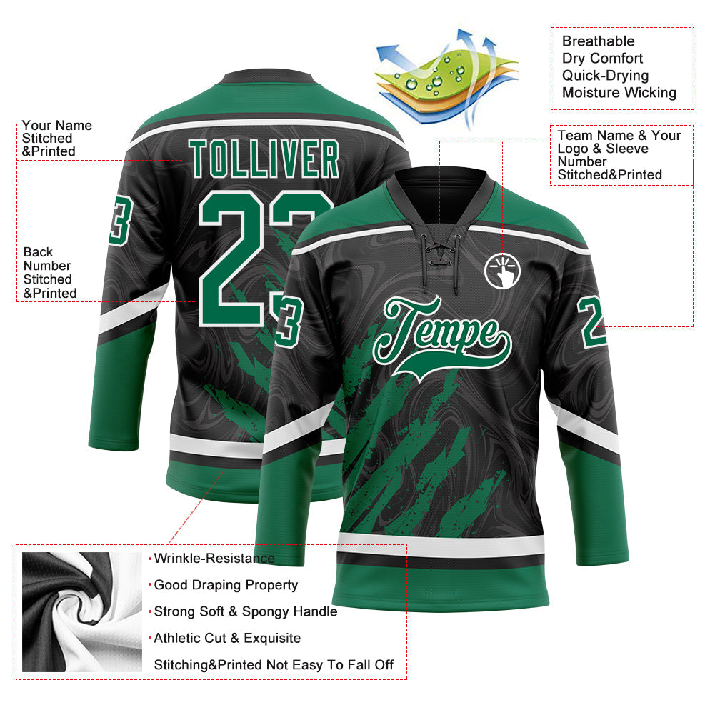 Custom Black Kelly Green-White 3D Splash Art Hockey Lace Neck Jersey view 5